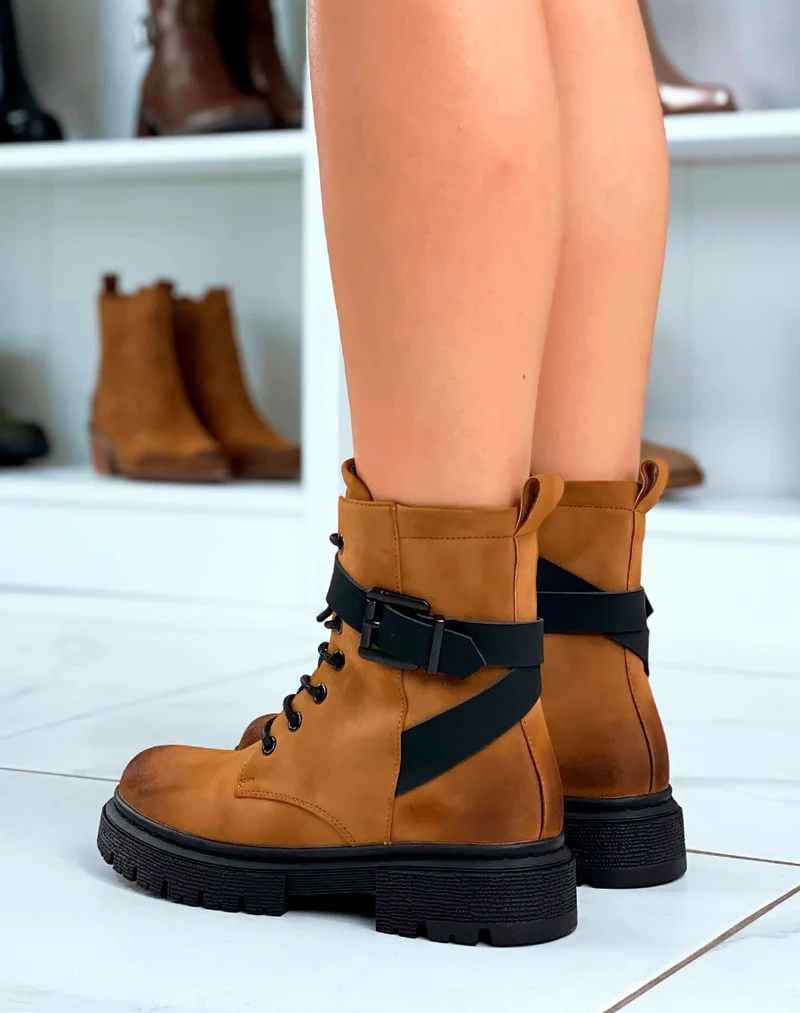 Bottines Camel à Lacet avec Brides Ajustables pour Femmes