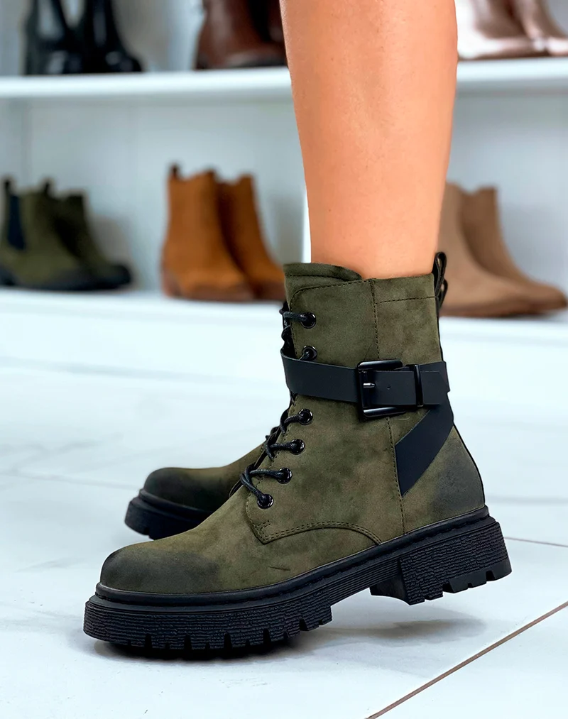 Bottines Vertes à Lacet avec Brides Ajustables pour Femmes