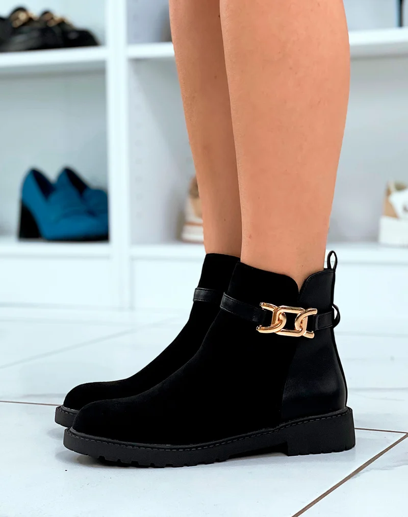 Bottines Femme Noires Élégantes : Bi-Matière & Touches Dorées