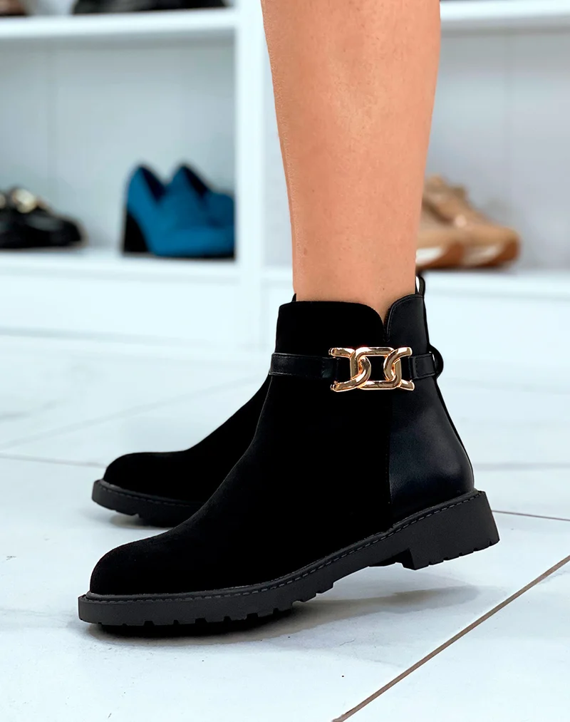 Bottines Femme Noires Élégantes : Bi-Matière & Touches Dorées