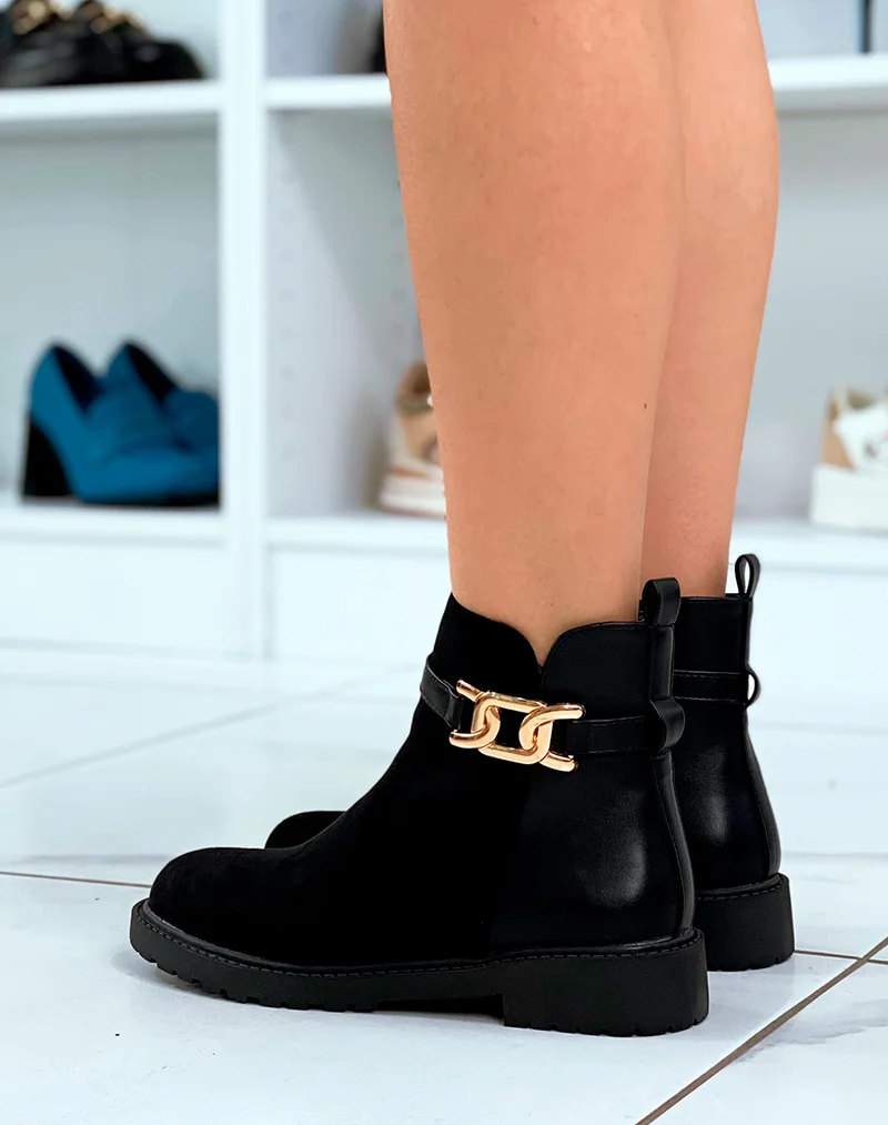 Bottines Femme Noires Élégantes : Bi-Matière & Touches Dorées