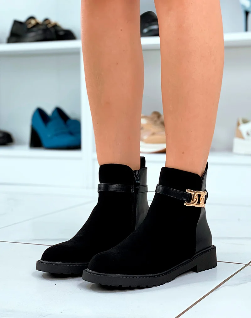 Bottines Femme Noires Élégantes : Bi-Matière & Touches Dorées