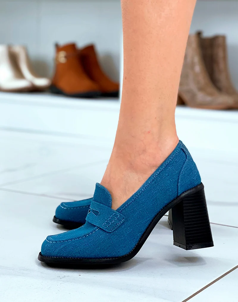 Mocassins femme tendance en jean à talon carré