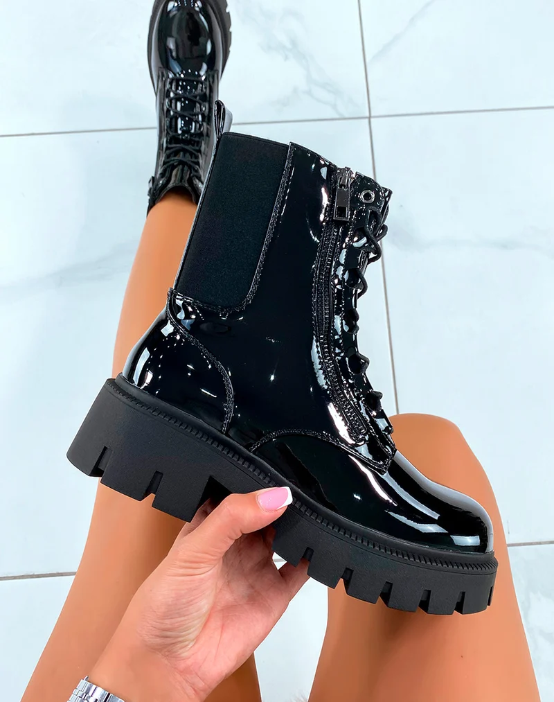 Bottines Femme Noires Montantes Effet Miroir ? Lacet Et ?lastique