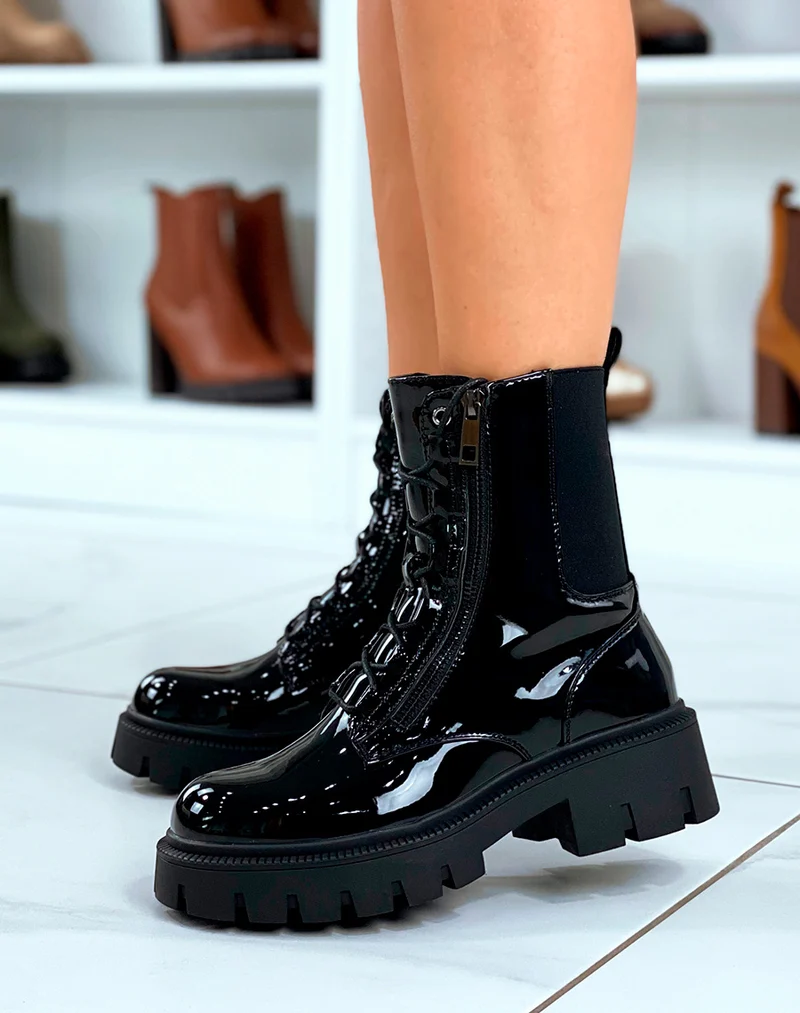 Bottines Femme Noires Montantes Effet Miroir ? Lacet Et ?lastique
