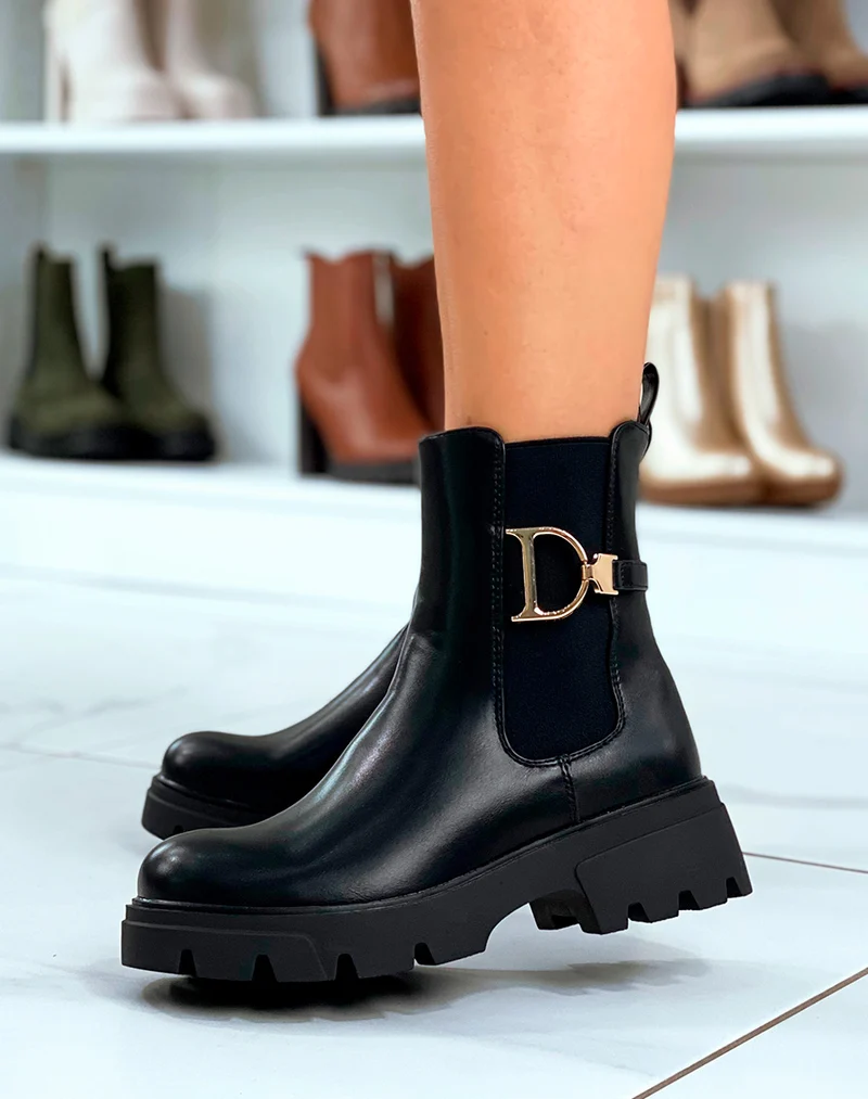 Bottines Chelsea Noires Avec Boucle Dorée