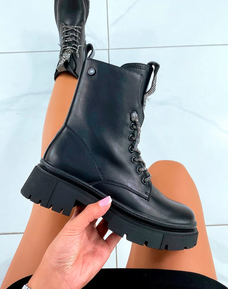 Bottines Noires Montantes Glam-Rock à Lacets et Strass