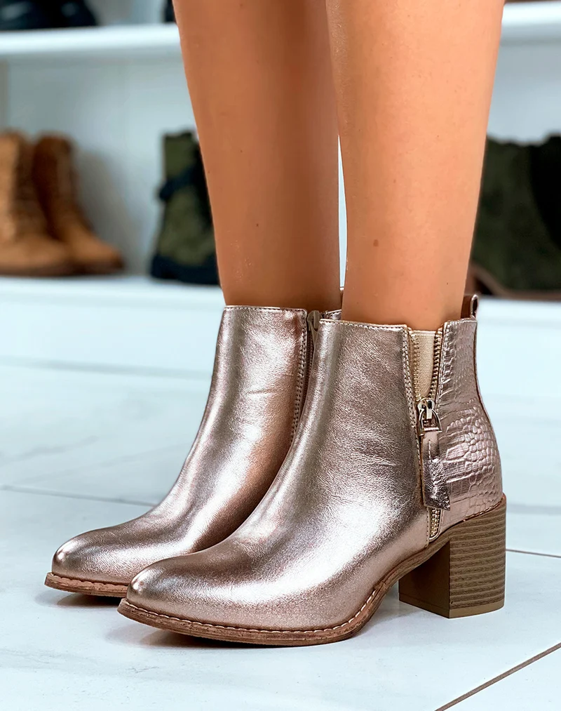 BOTTINES CHAMPAGNE ? TALON CARR? BI-MATI?RE EFFET CROCO