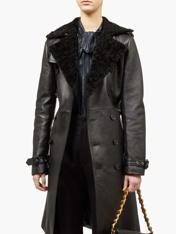 Double-breasted shearling trench coat
