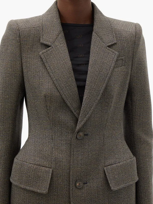 Hourglass-waist checked wool-tweed blazer