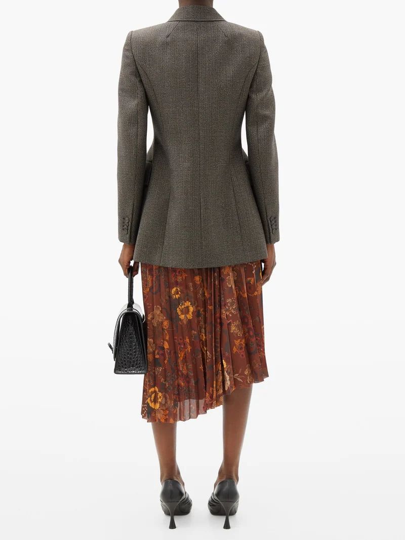 Hourglass-waist checked wool-tweed blazer