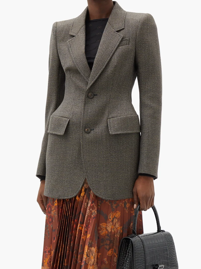 Hourglass-waist checked wool-tweed blazer