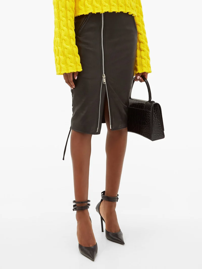 Zip and lace-up leather biker skirt
