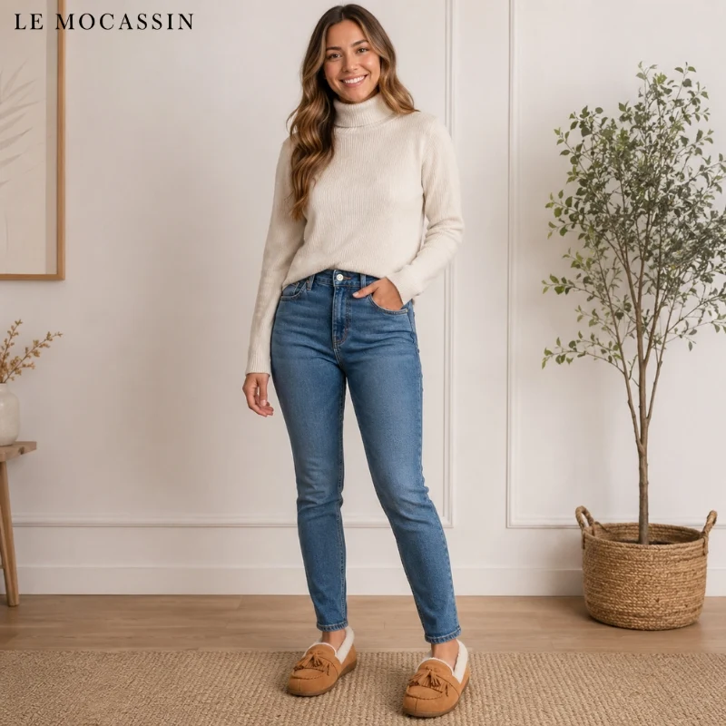 Mocassins Indiens En Daim Fourré Et Tige En Tweed