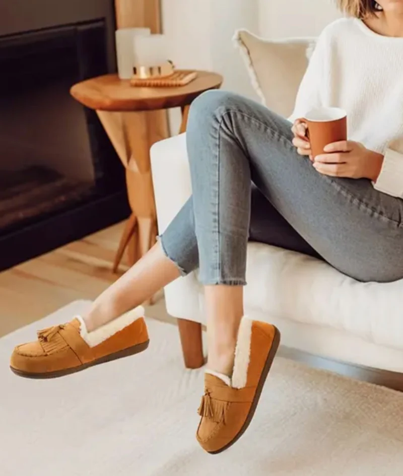 Mocassins Indiens En Daim Fourré Et Tige En Tweed