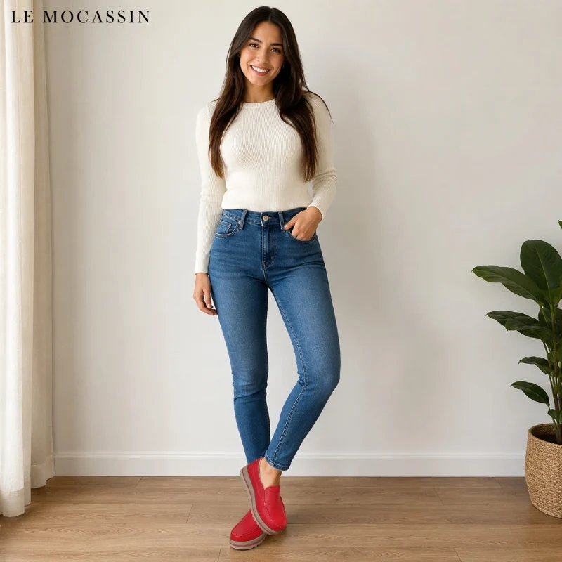 Mocassins Orthopédiques Rouges À Plateforme Pour Femme