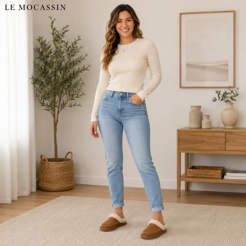 Mocassins Indiens D’hiver En Daim Fourrés