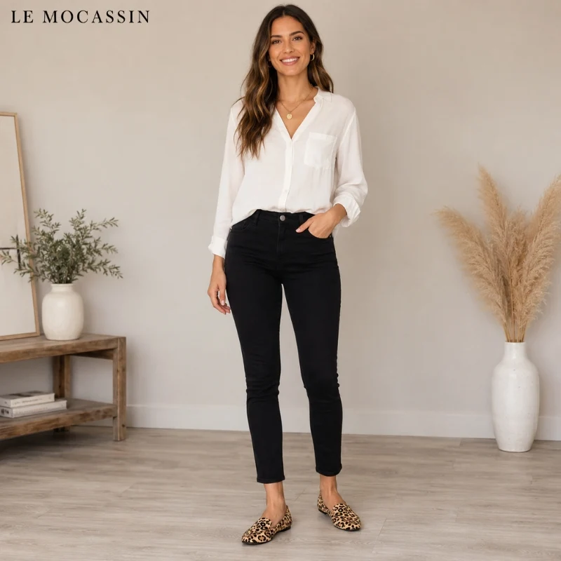 Mocassins Pointus Pour Femmes Velours Imprimé Léopard