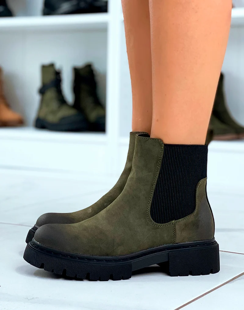Bottines Chelsea Kaki en Suédine avec Semelle Crantée