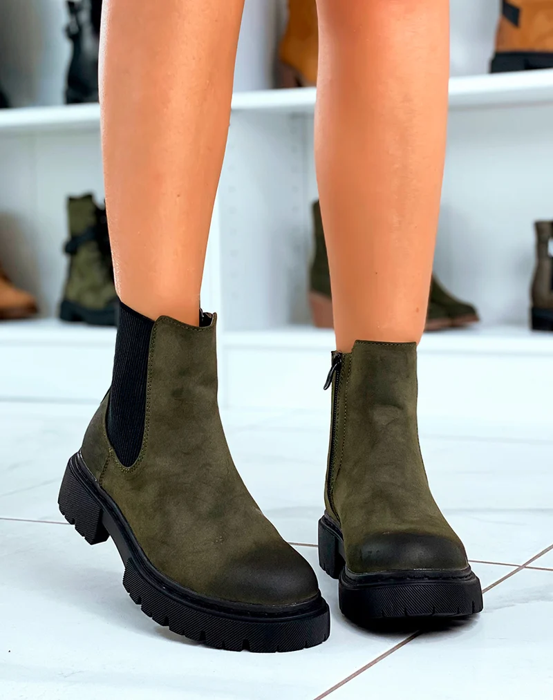 Bottines Chelsea Kaki en Suédine avec Semelle Crantée