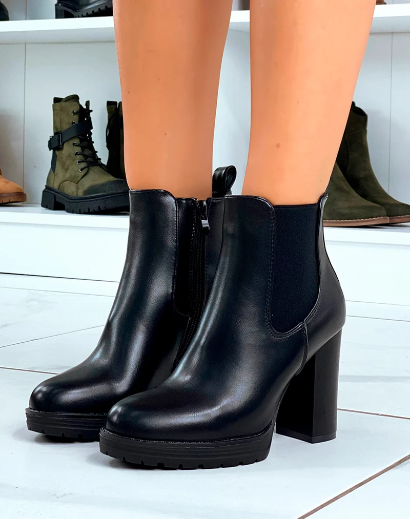 Bottines à talons épais noires bi-matière