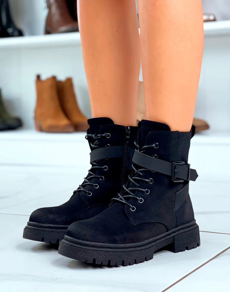 Bottines Noires à Lacet avec Brides Ajustables pour Femmes