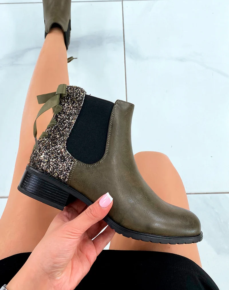 Bottines Femme Vert Kaki Pétillantes : Paillettes Nœud & Élasticité