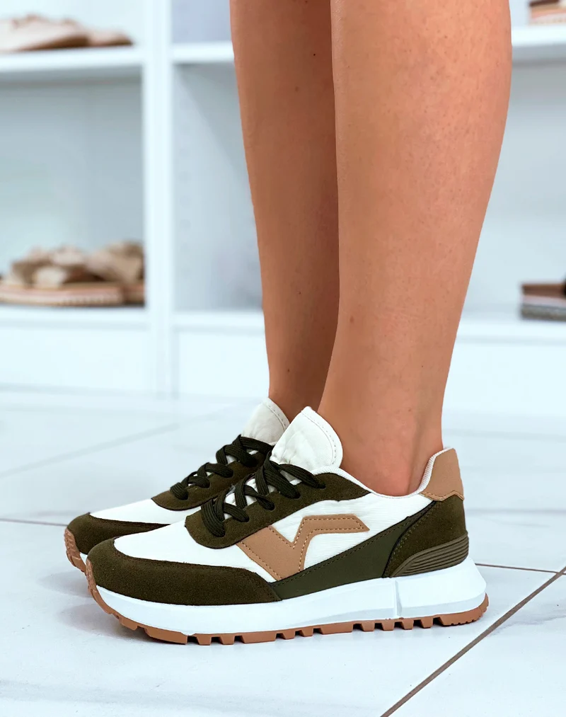 Baskets beiges et kaki avec empiècement taupe
