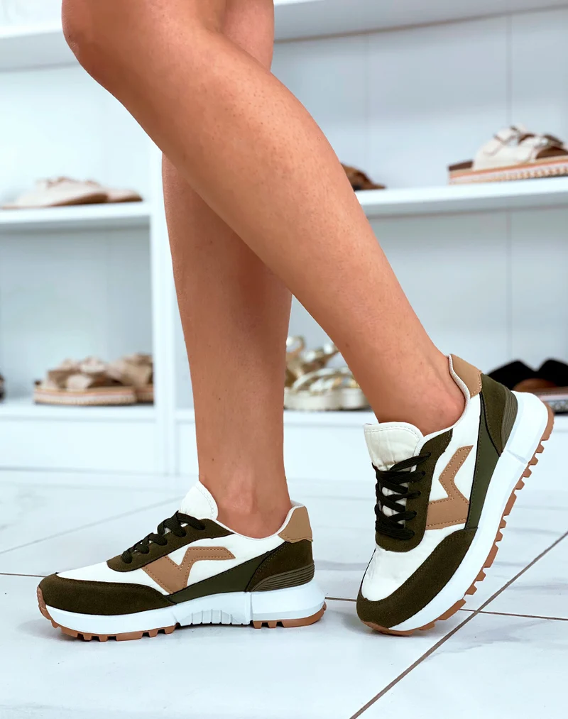 Baskets beiges et kaki avec empiècement taupe