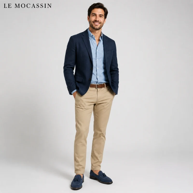 Mocassins Italiens Bleus Effet Daim Pour Homme