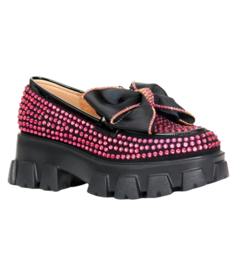 Mocassins Plateforme Avec Papillon & Strass Rose Femmes