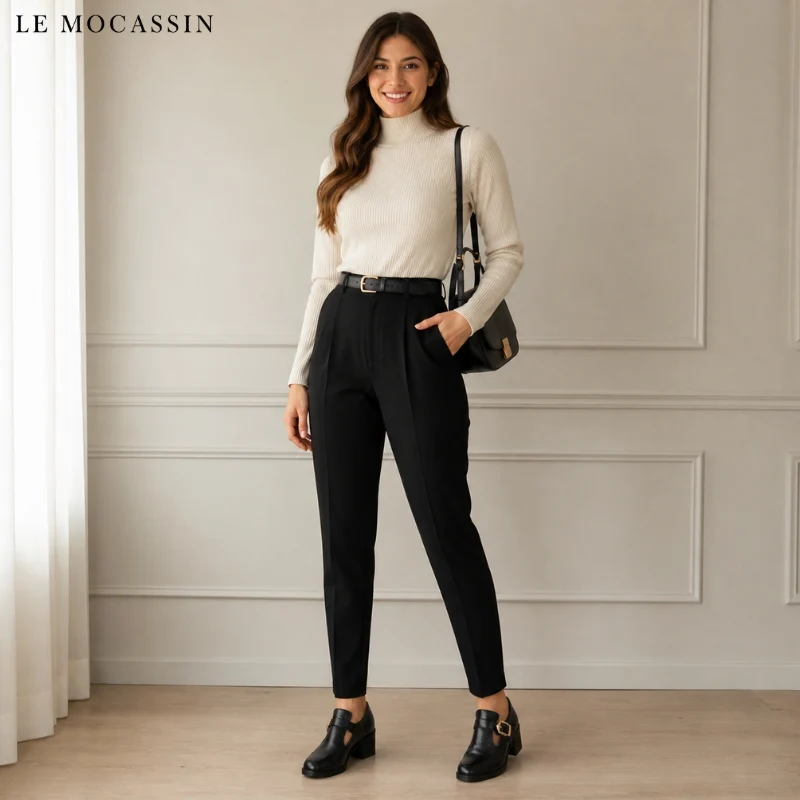 Mocassins Noirs Pour Femme En Cuir Avec Une Boucle En Métal Et Un Talon Carré