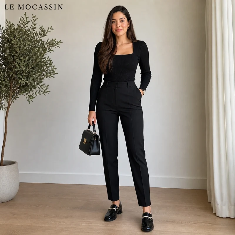 Mocassins Noirs À Talons Carrés Femme Style Preppy