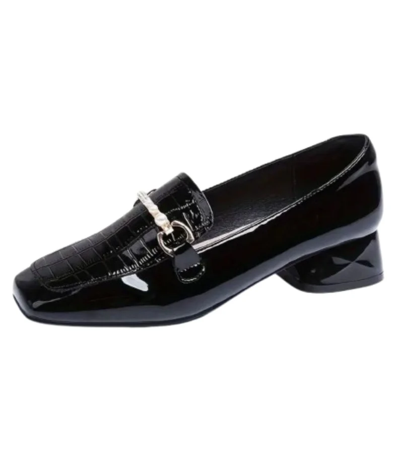 Mocassins Noirs À Talons Carrés Femme Style Preppy