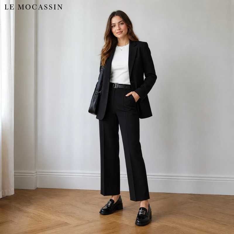 Mocassins Noirs À Talons Carrés En Cuir Véritable Pour Femme