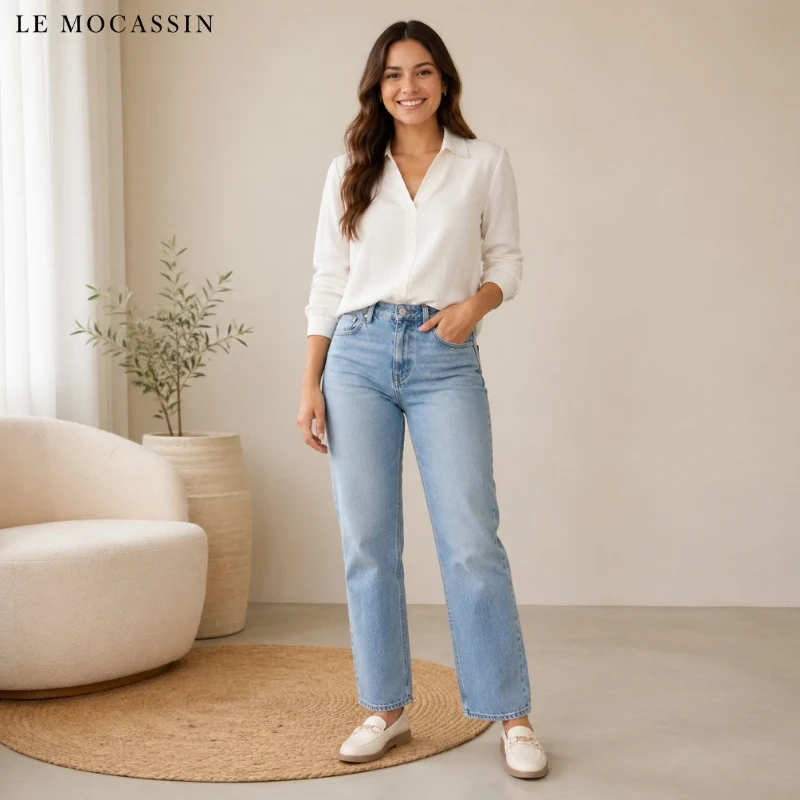 Mocassins Fins Avec Boucle En Métal Doré En Cuir Véritable