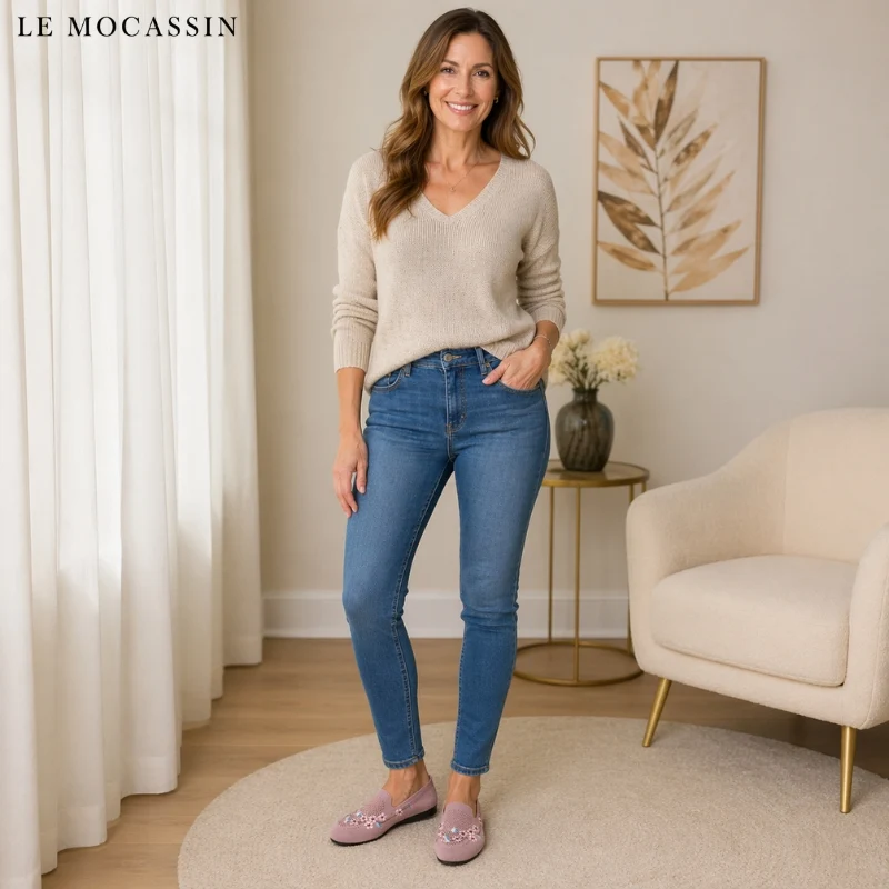 Mocassins En Maille Respirante Tricotée Avec Broderie Fleurie