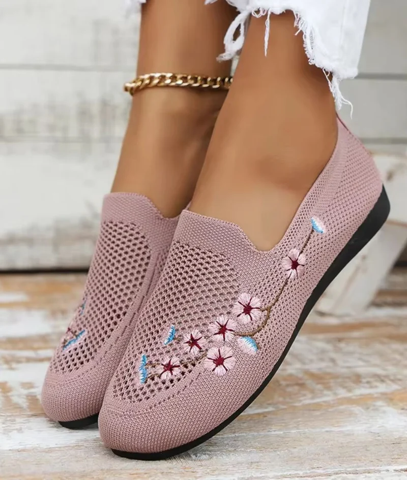 Mocassins En Maille Respirante Tricotée Avec Broderie Fleurie