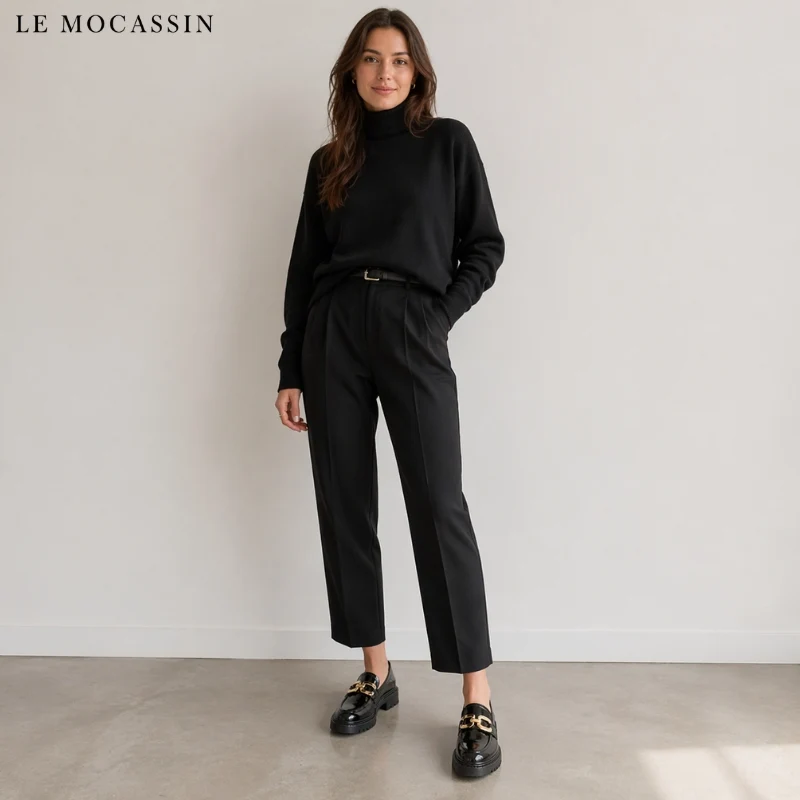 Mocassins En Cuir Verni Pour Femme Avec Chaîne Dorée Décorative
