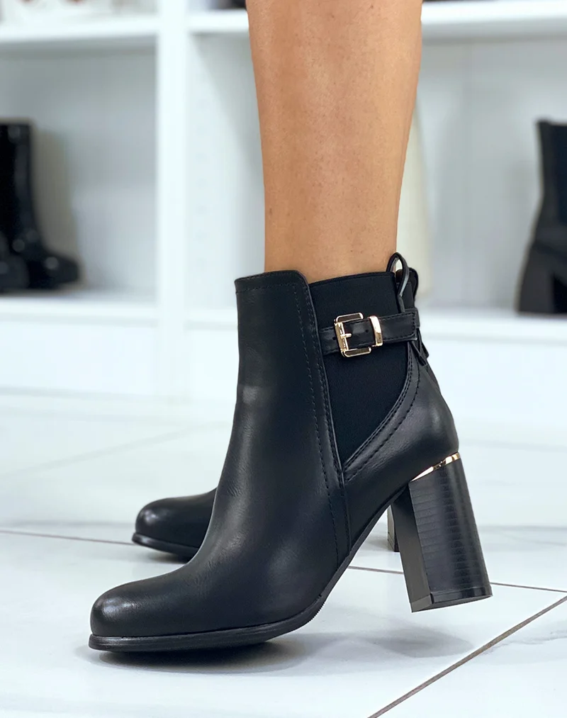 Bottines noires bi-matière à talon et à détail doré