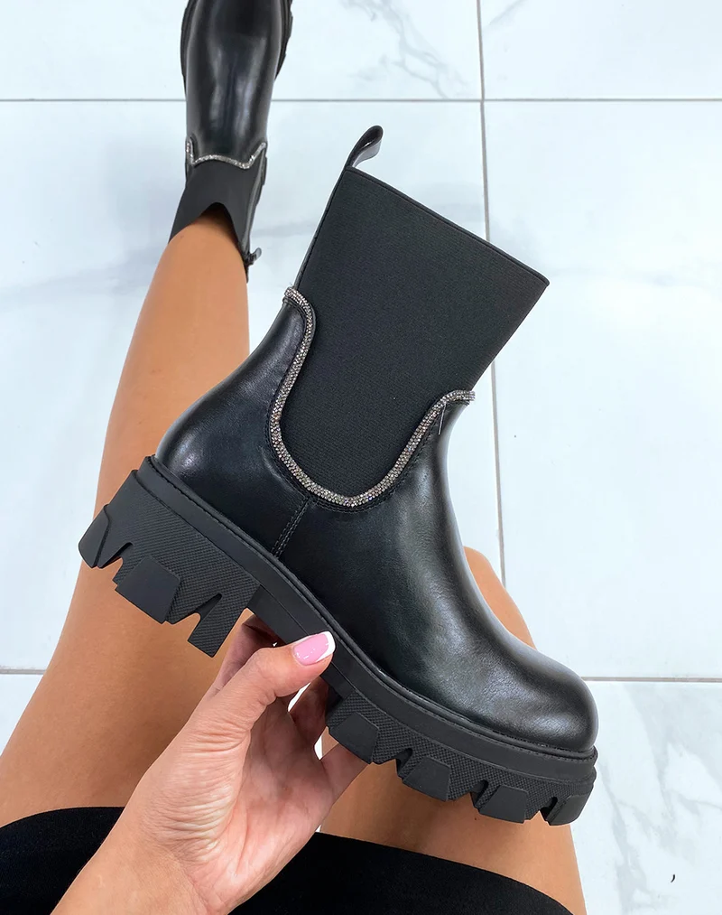 Bottines noires à élastique à couture à strass argentés