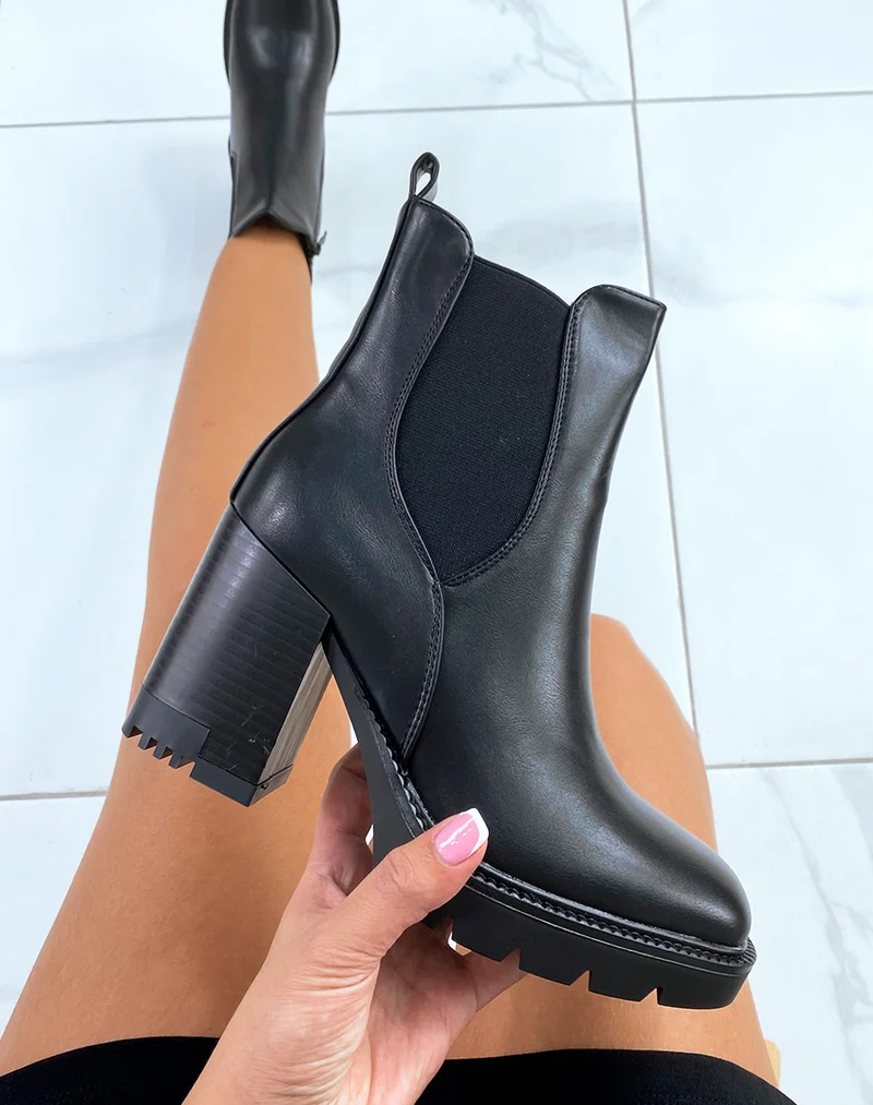 Bottines noires inspiration chelsea à haut talon épais