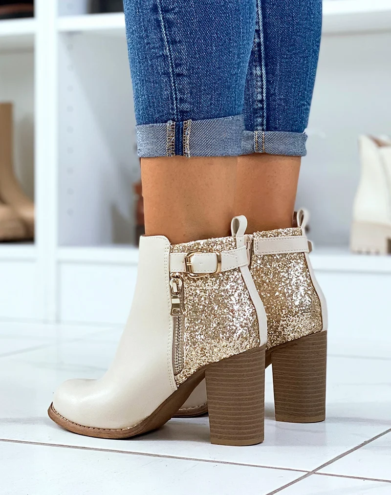 Bottines beiges à talons pailletées avec sangle