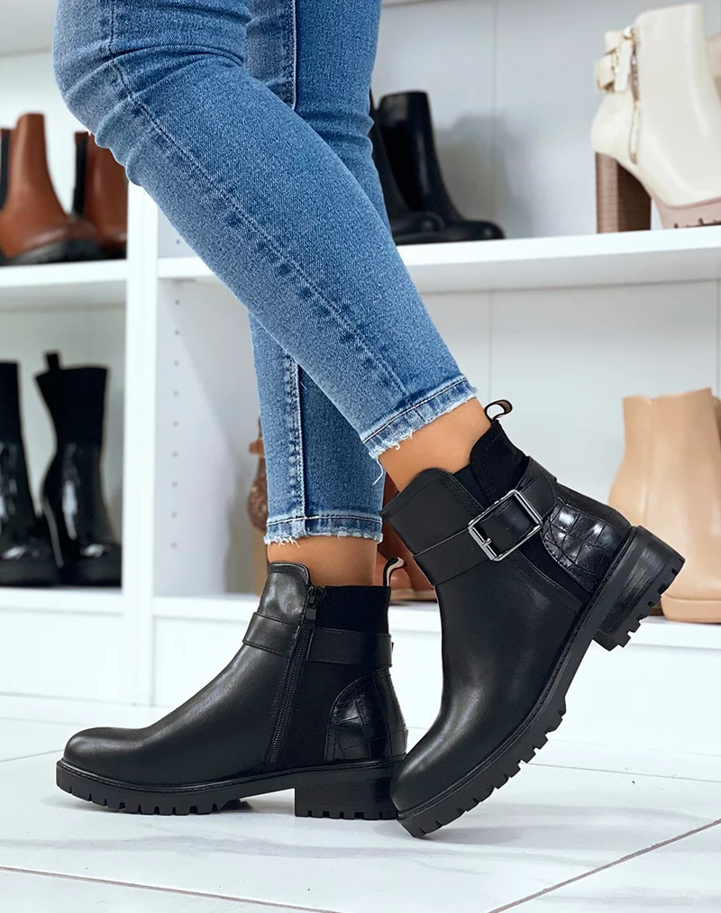 Bottines noires avec élastique échancré et effet croco