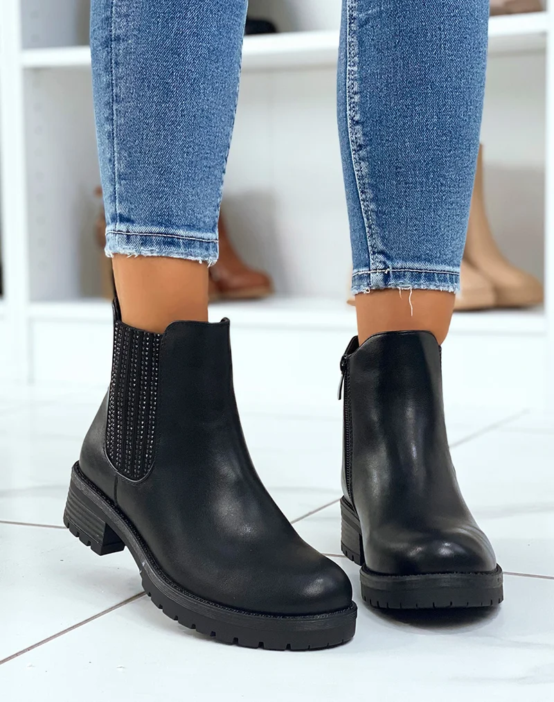 Chelsea boots noires à élastique à strass