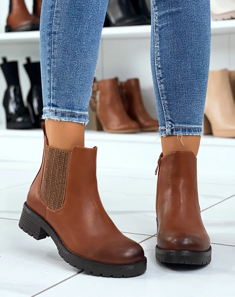 Chelsea boots camel à élastique à strass