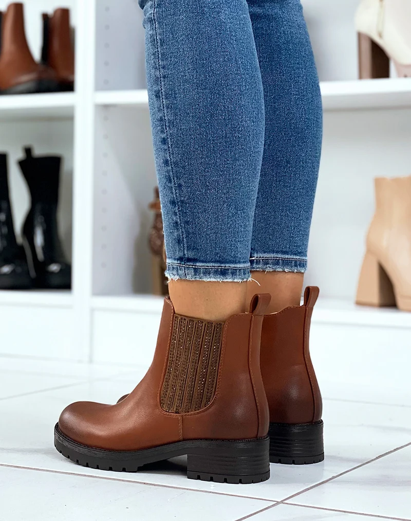Chelsea boots camel à élastique à strass