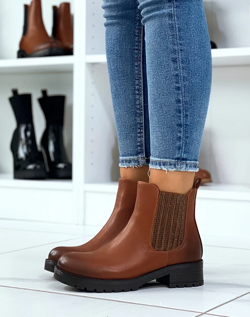 Chelsea boots camel à élastique à strass