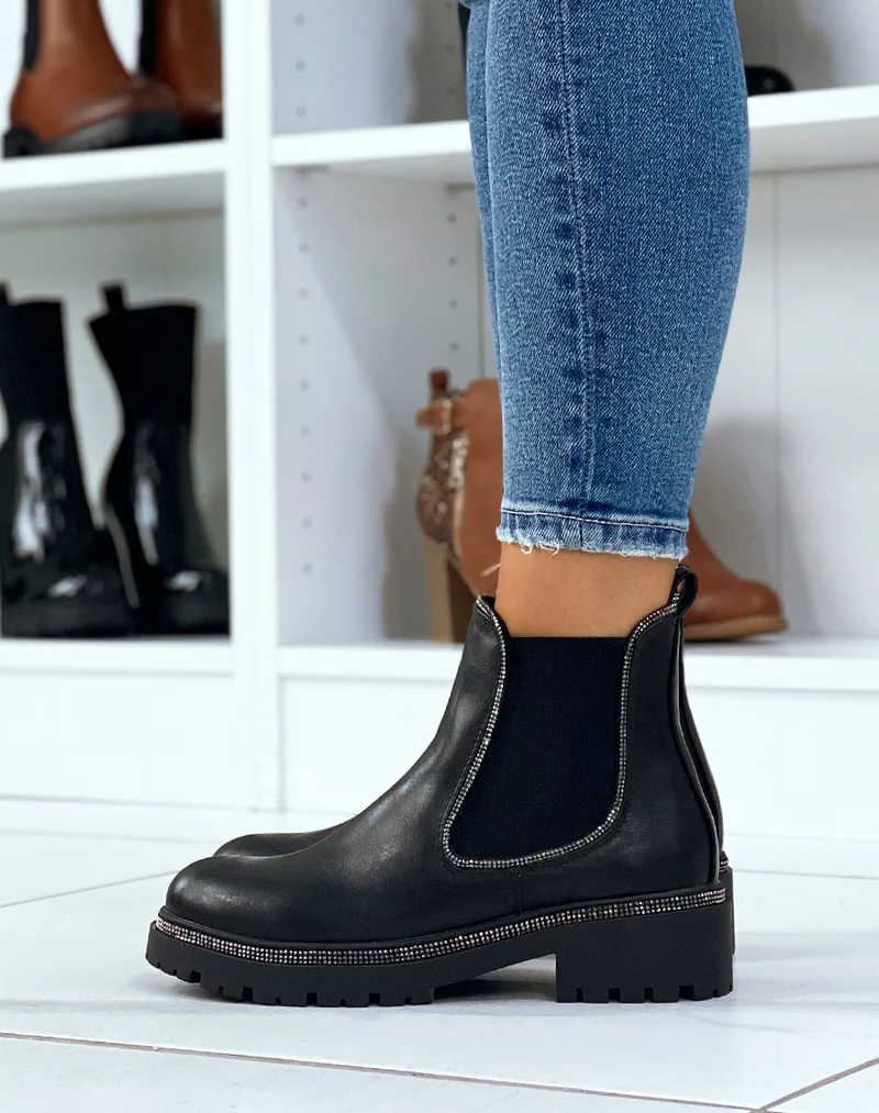 Chelsea boots noires à liserés à strass argentés