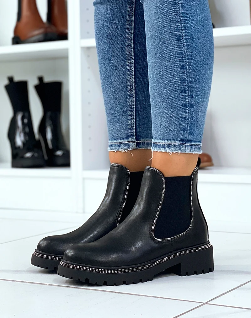 Chelsea boots noires à liserés à strass argentés